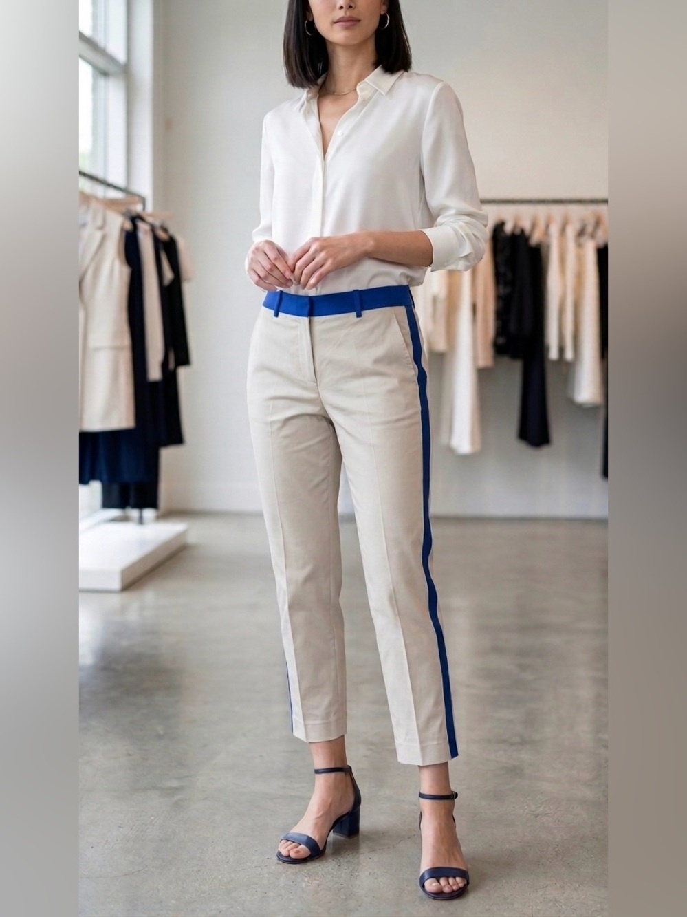 Silvia Tcherassi Beige Cropped Tuxedo Pants with Cobalt Blue Side Stripe size S